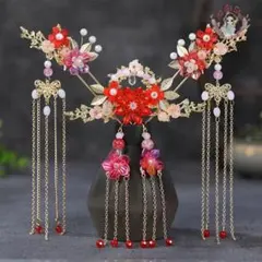 赤い花のかんざし5点セット　新品　かんざし　簪　No.74