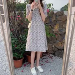 ワンピース 新作 ロング 花柄 韓国 レディース 半袖 ゆるかわ ゆったり 青赤