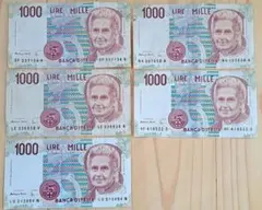 イタリア 1000リラ紙幣　5枚セットのサムネイル