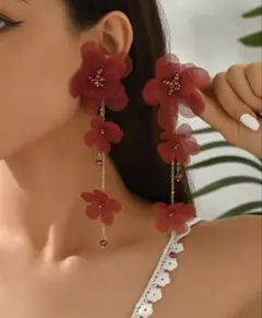shein ブライダル　ピアス　フラワーモチーフ ロングピアス バーガンディ