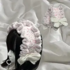 【 NEW 】 編み物 かぎ針編み ヘッドドレス フリル リボン 冬 ピンク