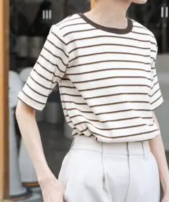 FORK&SPOON　ワッフルジャガードTシャツ　ブラウン　モカ　ボーダーのサムネイル