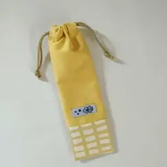 ハンドメイド　お箸袋　歯ブラシ袋　カトラリー袋　巾着袋　格子黄色タグ付きブルー