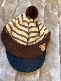 ストライプ柄 クマ刺繍 ニット帽