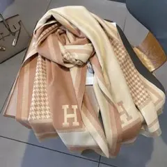 マフラー ショール 大判ストール 千鳥Hロゴ リバーシブル カーキー ホワイト