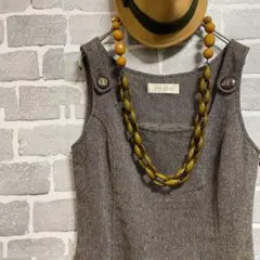 ヴィンテージ　レトロ　ベルト付きジャンパースカート　レトロボタン　ツイード　茶