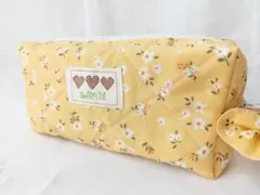 大きめふんわりボックスポーチ イエロー 花柄 ハンドメイド