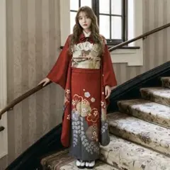 振袖　赤 グレー ガーリー 縮緬 染め分け 正絹 振袖フルセット