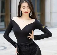 メッシュ切替ハートネックVライントップス シースルー 社交ダンス 黒 M,L