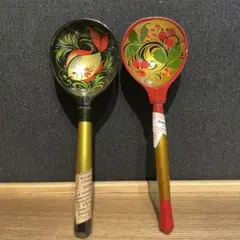 旧ソ連 ロシア 木製スプーン 2本 ホフロマ /ホフロマ系 民芸品 ヴィンテージ