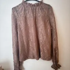 【INGNI】ブラウン レース フリルネック 長袖 トップス