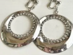 年代物 大きなフープ シルバーカラーラインストーン vintageイヤリング