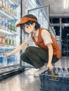 c1454_夜のコンビニで商品を補充する制服姿の女性 水彩画風 アートポスター