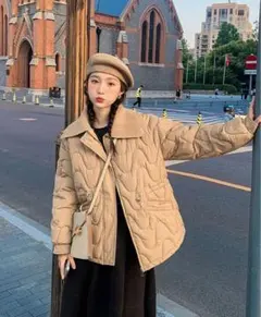 ベージュ キルティングジャケット コーデュロイ襟