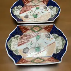 骨董 大正元年 瀬戸焼 錦出 蝶模様入 盛り込み皿 2枚セット 色絵磁器