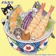 原画「三匹の猫と天丼」猫/海鮮/天ぷら/寿司/イラスト/アート/絵画/アクリル画