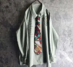 【ネクタイシャツ】古着 柄シャツ デザイン刺繍 黄緑 緑 レトロ　y2k