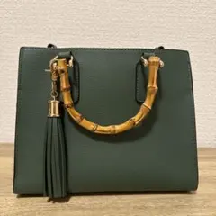 ダークグリーン バンブーハンドル トートバッグ