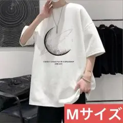 Tシャツ半袖トップス月ホワイト/Mサイズ）春秋シンプル英字プリント洋服m09
