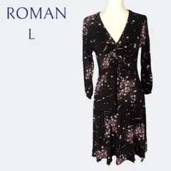 新品◆ROMANローマン 柔らか素材美シルエットブラックフレア小花ワンピース Lのサムネイル