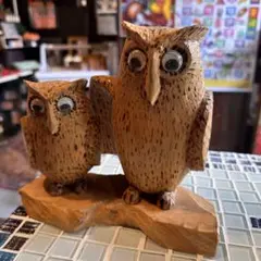 【一刀彫】木製フクロウの置物 大小のフクロウ　置物