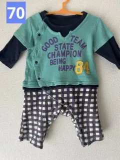 ロンパース・カバーオール 70 緑色 チェック柄