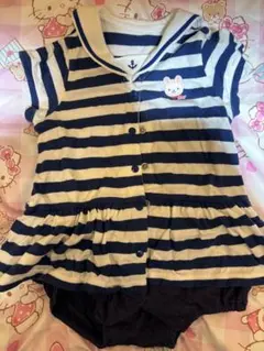 中古　ミキハウス　ストライプ セーラー襟ロンパース