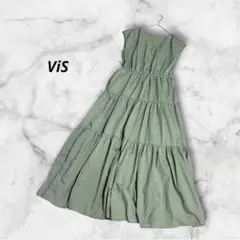 ビス ロングワンピース M ノースリーブ ミント グリーン リボン 夏
