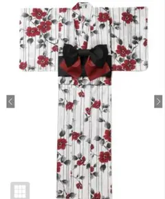 花柄女性用浴衣 黒赤リボン帯付き