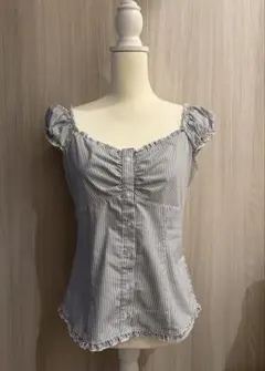 Hollister ストライプ フリル 半袖トップス ネイビー水色