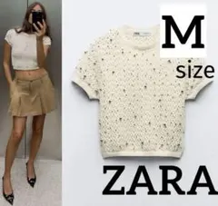 ZARA 未使用品　ビーズオープンニットトップスMサイズ　ホワイト　鍵編み