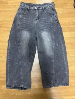 ダークグレー ペイント加工 ワイドデニムパンツ