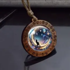 フラット木製 猫ペンダントネックレス ガラスモザイク 調節可能ブラウンコード