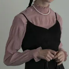 ハイネック プリーツ 長袖 ブラウス ピンクのサムネイル