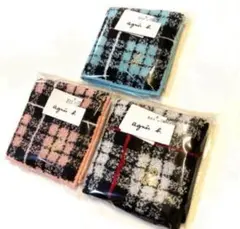 新品　アニエスベー　ミニタオルハンカチ　チェック　ロゴ　ピンク　ブルー　黒白