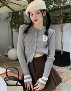 SHEIN Bロゴ リブニット カーディガン グレー