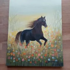 夢見多恵画　新作　原画　馬　F3(22×27.3×1)　アクリル画