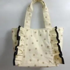 クリーム色の水玉フリルトートバッグ★ハンドメイド★値下げ致しました!