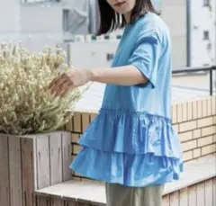 【1度着】ニコアンド　布帛コンビフリルロックTシャツ　Lサイズのサムネイル