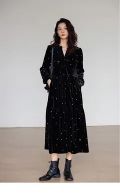 Vネックベルベットエレガントドレス ベロア ワンピース マキシ ティアード