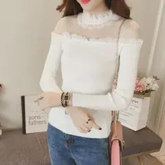 セール！シースルー ニット シャツ シースルー ブラウス レース 白 L