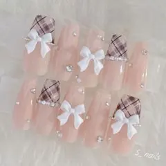 チェック×リボンネイル✧*。量産型 スナ系 韓国 フレンチガーリー