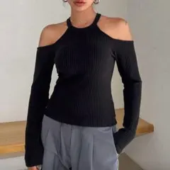 DAZY Y2Kリブニットコールドショルダー長袖レディーストップス　ブラック