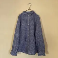 青ギンガムチェック　長袖シャツ M チェック青 麻100%