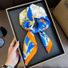 大判スカーフ バックチャーム バッグスカーフ ヘアアクセ ブルー×オレンジ 花柄