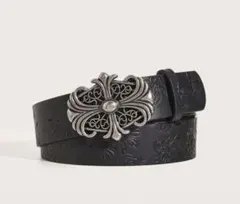 黒レザーベルト 花柄エンボス加工 クロスバックル