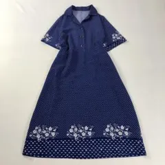 昭和レトロ幾何学模様半袖ロングワンピース花柄オープンカラーネイビー古着