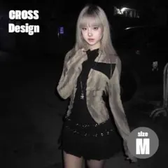 クロス柄 ストライプ Tシャツ Y2K ヴィンテージ ロングスリーブ トップスM