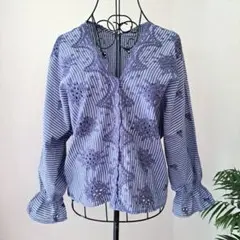 color your closet 刺繍レースストライプブラウス綿100Fサイズ