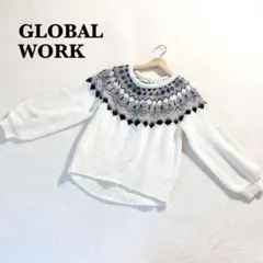 グローバルワーク ノルディック柄ニット M ホワイト 長袖 バルーンスリーブ